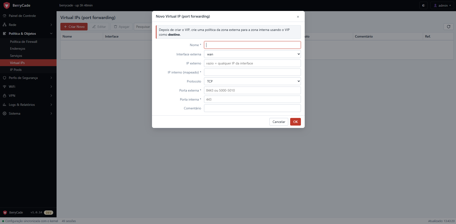 Novo Virtual IP (port forwarding)