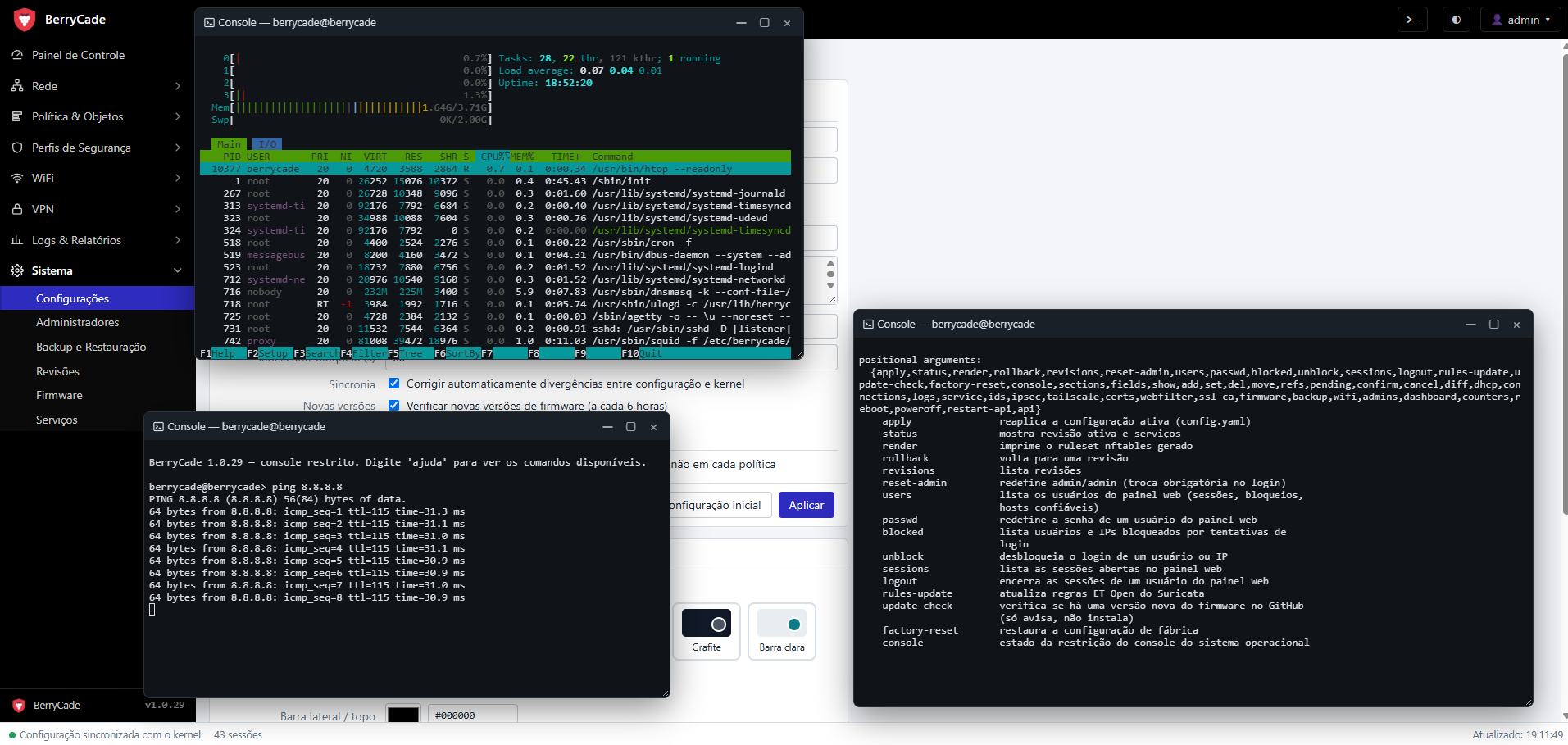 Console do painel: htop, ping e a ajuda da CLI
