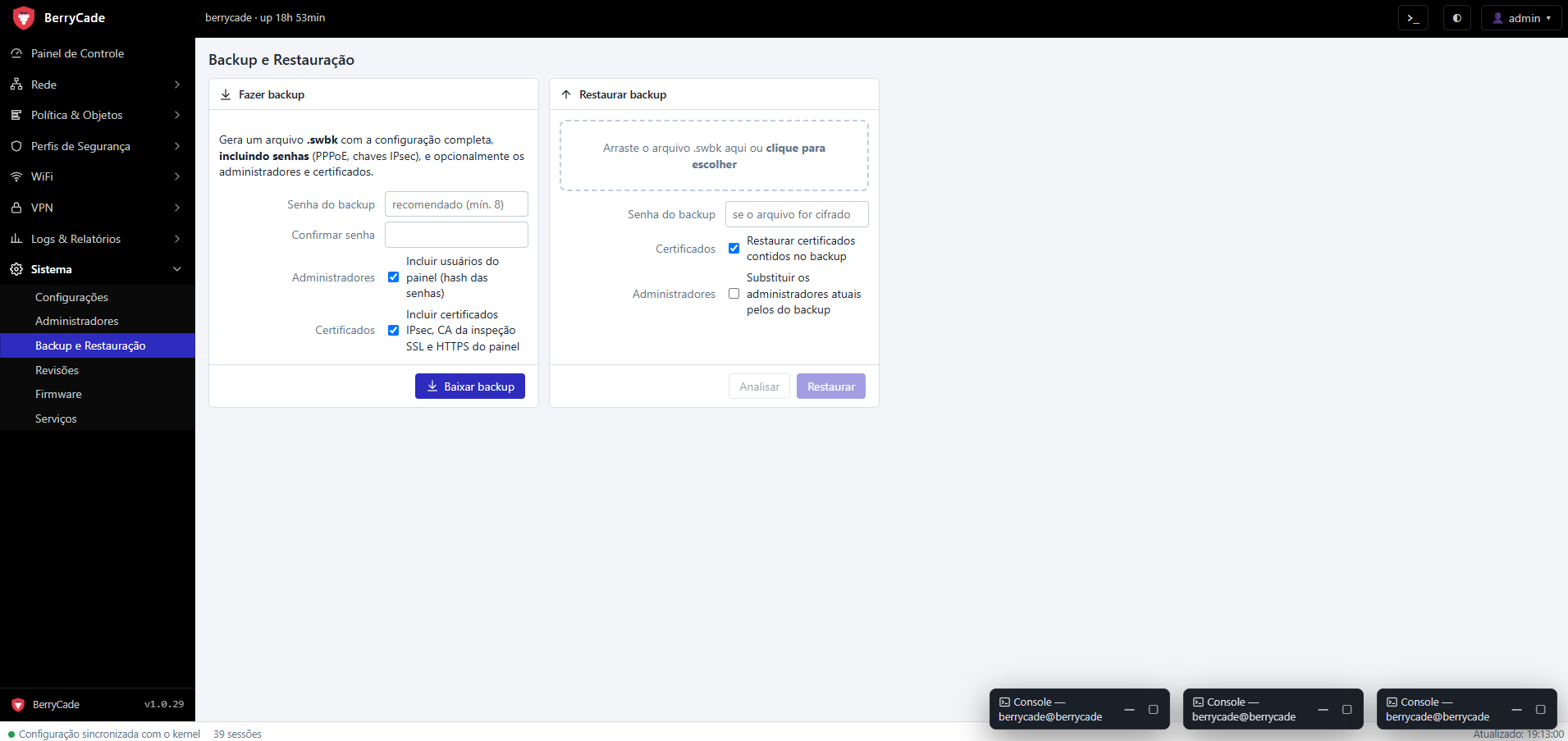 Sistema › Backup e Restauração